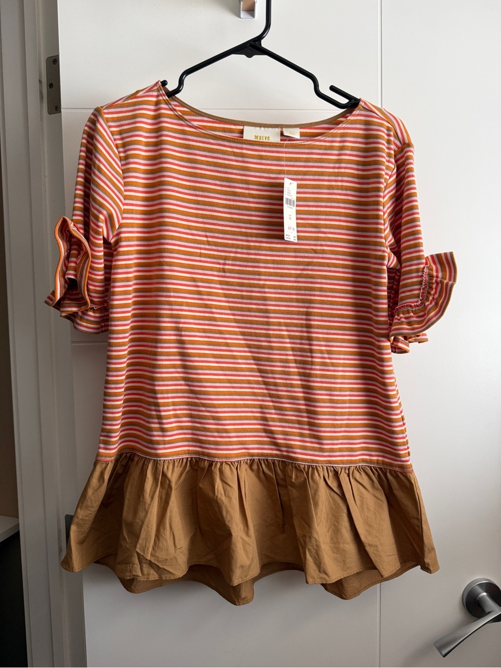 Maeve Striped Pink, Orange & Tan Ruffle-Hem top from Anthropologie